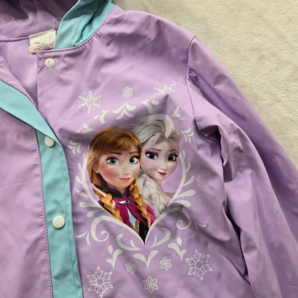 Disney Frozen Rain Jacket‎ Girls 5-6 Purple Blue Hooded Anna Elsa Raincoat